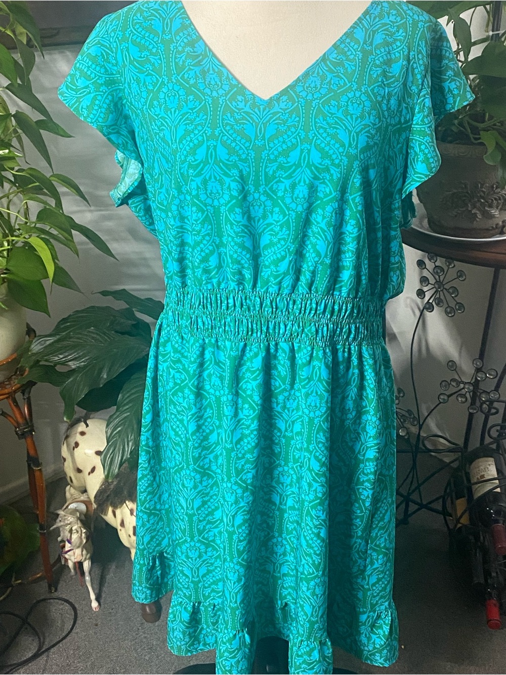 Ann Taylor Teal V-Neck Smocked Waist Mini Dress